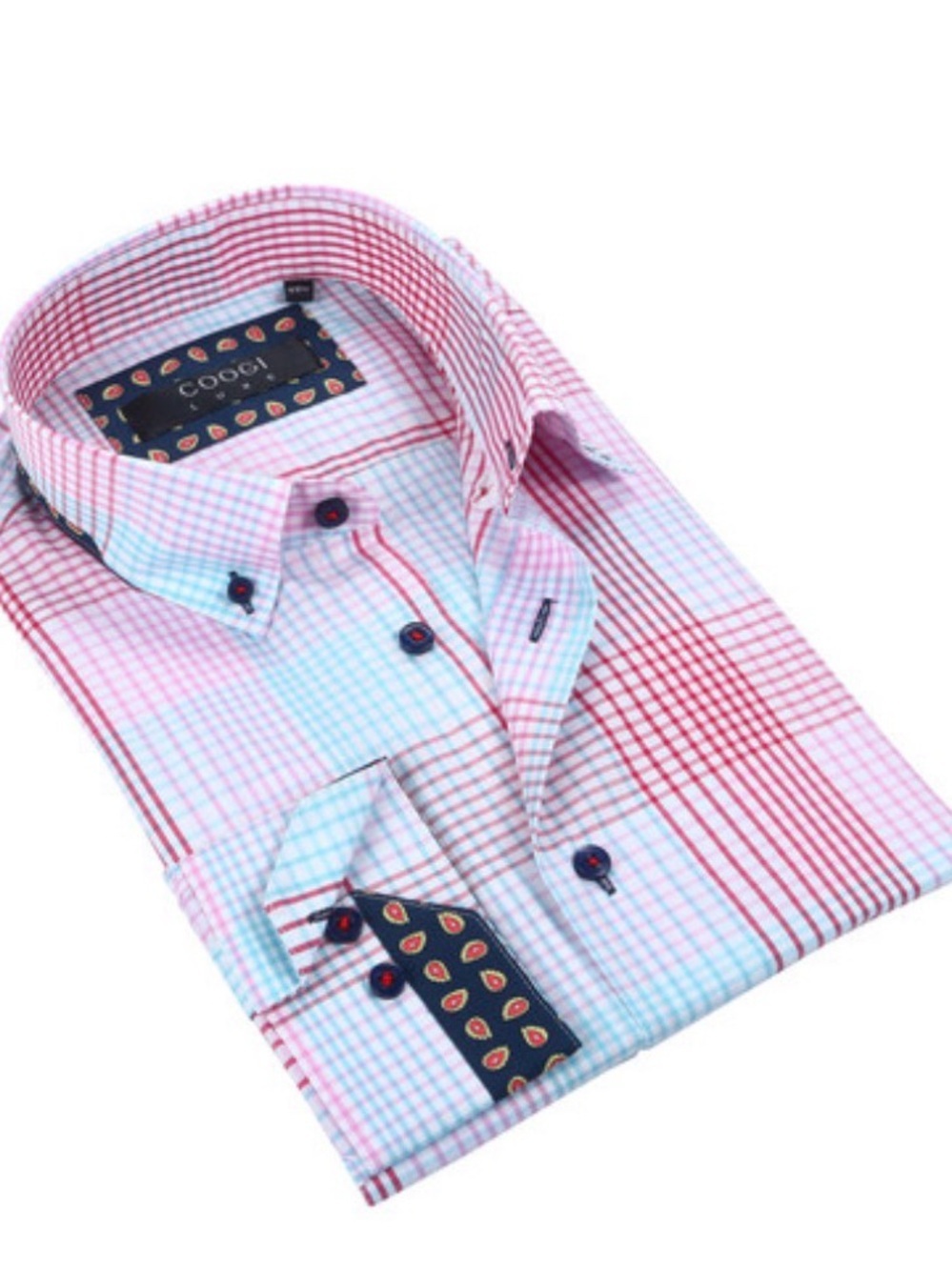 Coogi Luxe Plaid Button-Up Light Blue + Pink Size 2XL